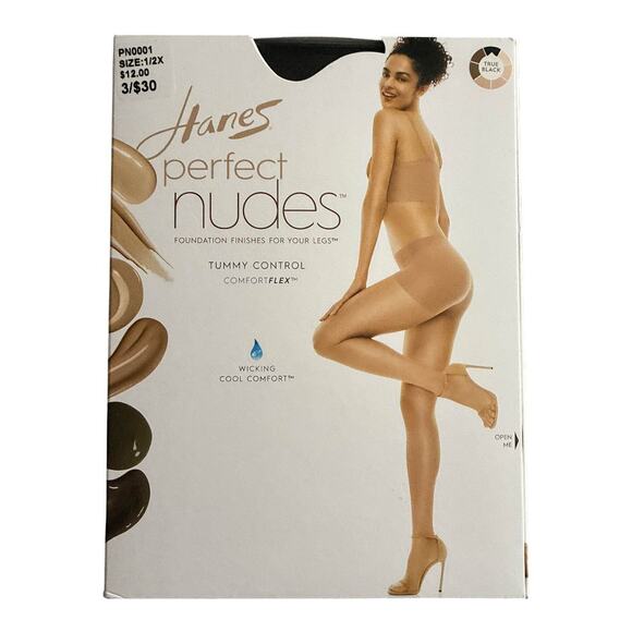 Hanes Perfect Nudes True Black Pantyhose Size 1/2X Tummy Control Cool Comfort - Picture 1 of 4